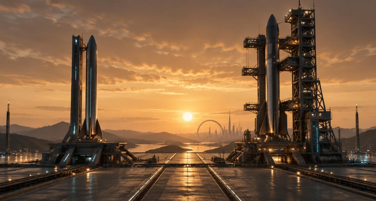 Two launch gantries side by side under an amber sky, one small and fast, one large and instrumented — the two kinds of Arc launchpad